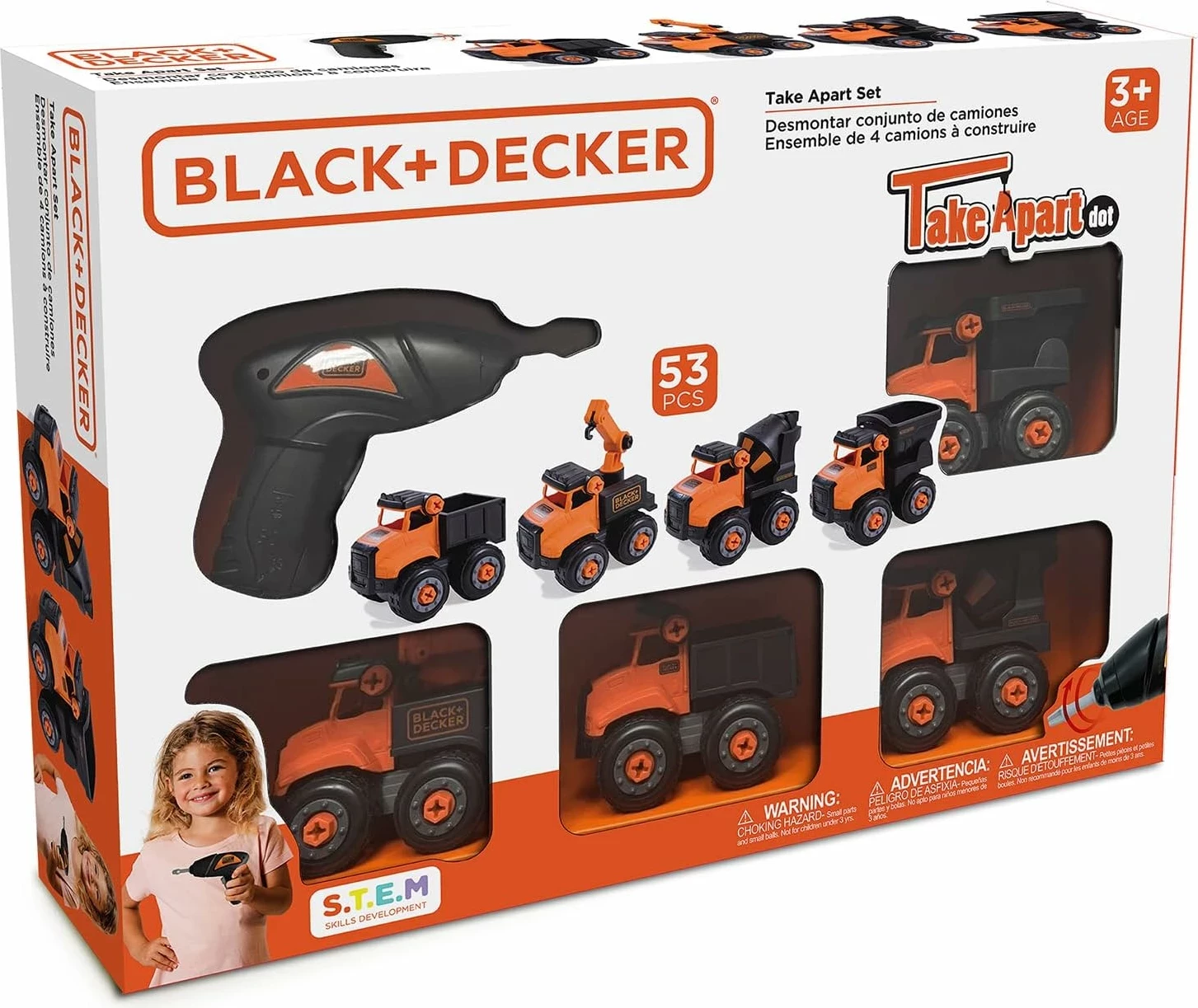 Set lodrash kamionë ndërtimi Black&Decker STT014-S4-BD, 53 pjesë, 4 automjete + kaçavidë me bateri, 3+, portokalli/zi, set 4 copë