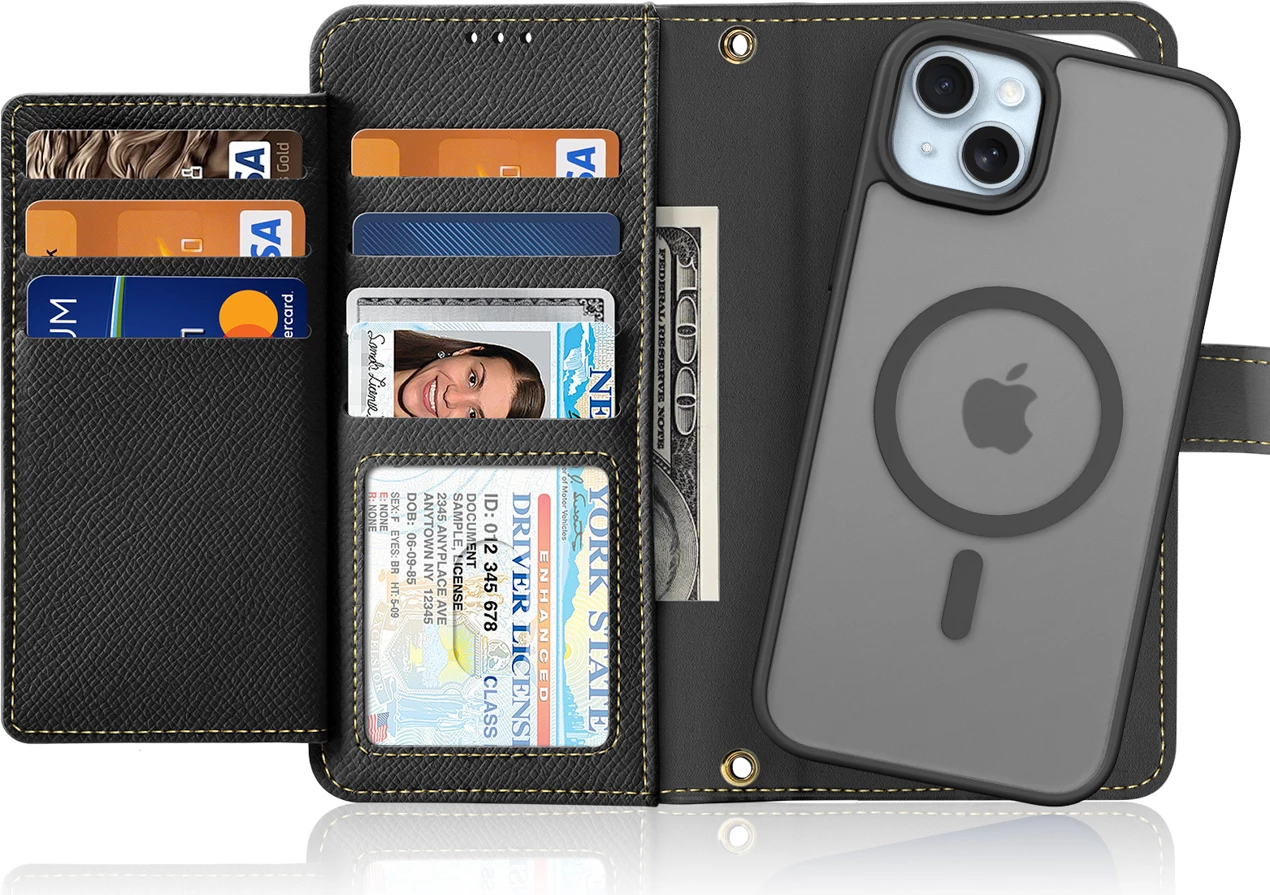 Mbështjellës Dux Ducis Lawa për iPhone 15, lëkurë, me portofol magnetik, e zezë