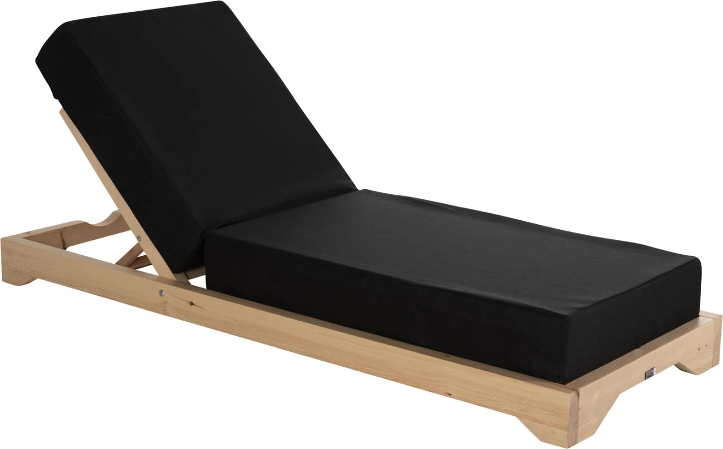 Shezlong plazhi i ulët IKARIA, dru pishe, ngjyrë natyrale, tekstilene e zezë, jastëk 20 cm i trashë