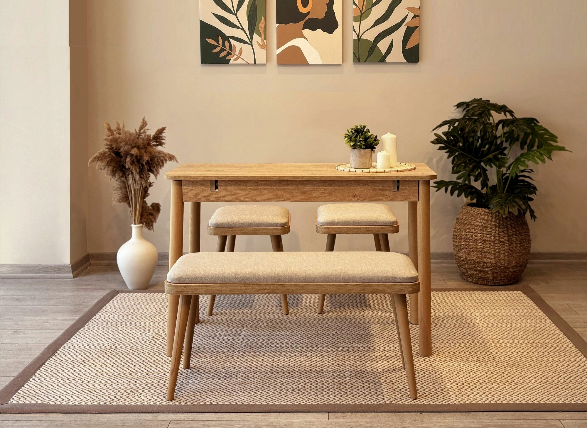 Set tavoline me karrige, zgjatës, 4 pjesë, Skye Decor, Vina Mini 04 1005, ngjyrë lis, krem