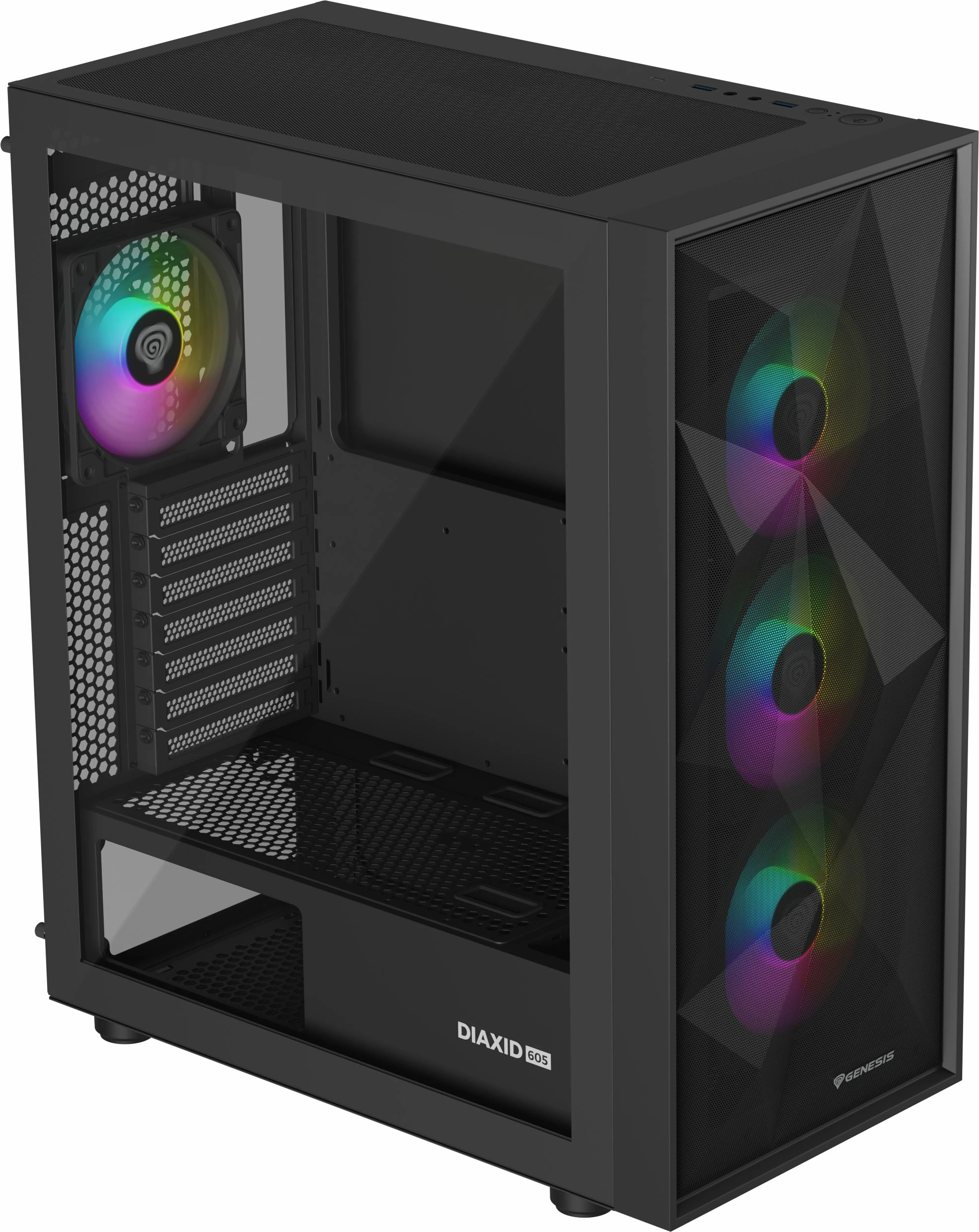 Kasë GENESIS Diaxid 605 ARGB NPC-2172 Midi Tower, ATX/mATX/Mini-ITX, USB-C, pa PSU, e zezë