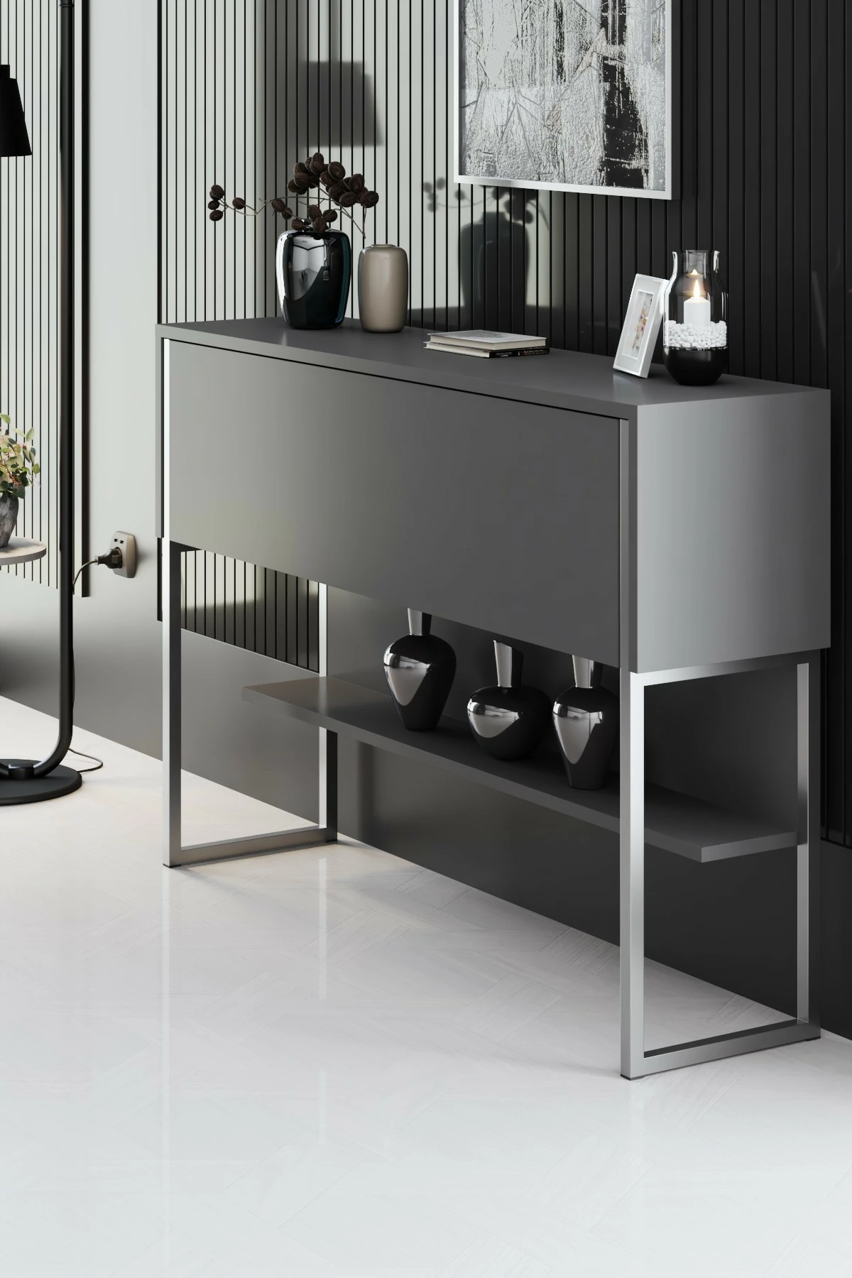 Komodë Hanah Home, Luxe, argjend dhe antracit
