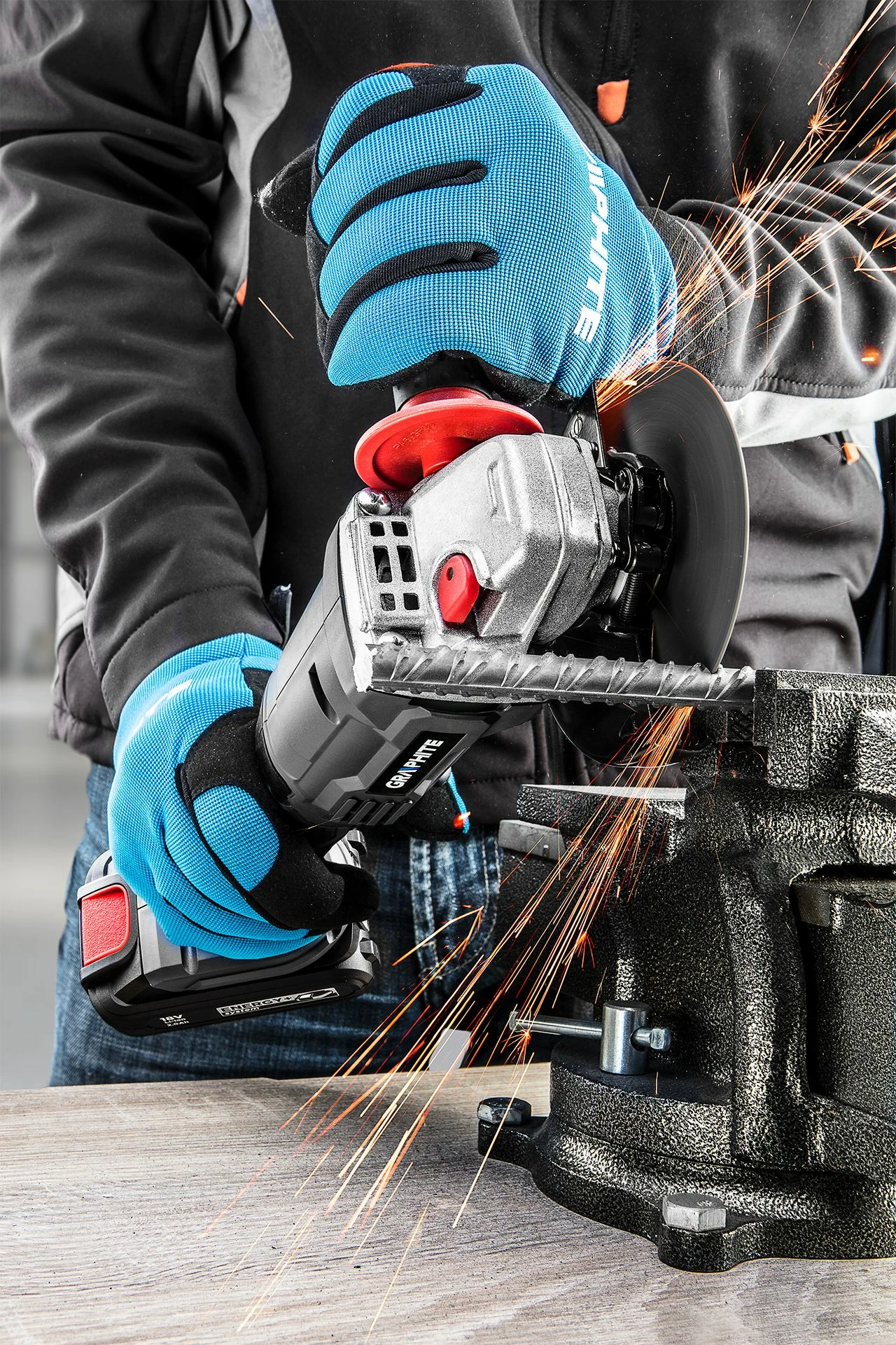 Flekser akumulator Graphite 58G003 18V 115 mm, pa bateri/pa karikues, zi/kuqe