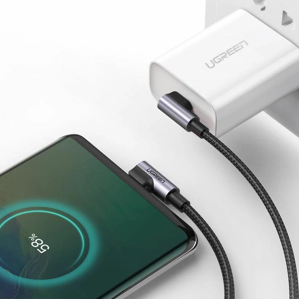 Kabllo USB-C në USB-C Ugreen US305 1 m 3A Power Delivery, këndore (angled), gri