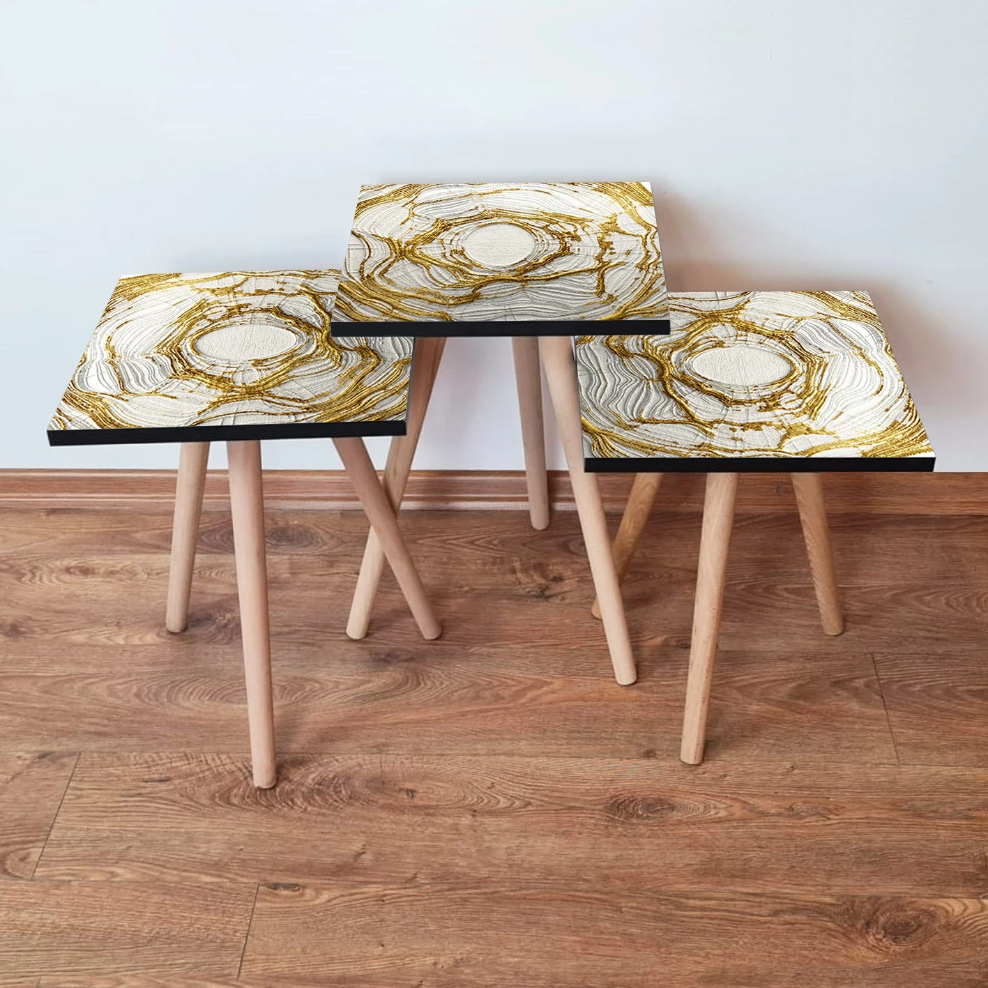 Set tavolinash ndihmëse, 3 copë, ngjyrë krem dhe ari, Skye Decor, 3Shp101