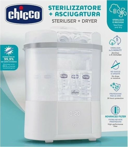 Sterilizator elektrik me avull me tharëse Chicco 129577, 650 W, deri 6 shishe, LCD, nisje e vonuar 2 orë, i bardhë