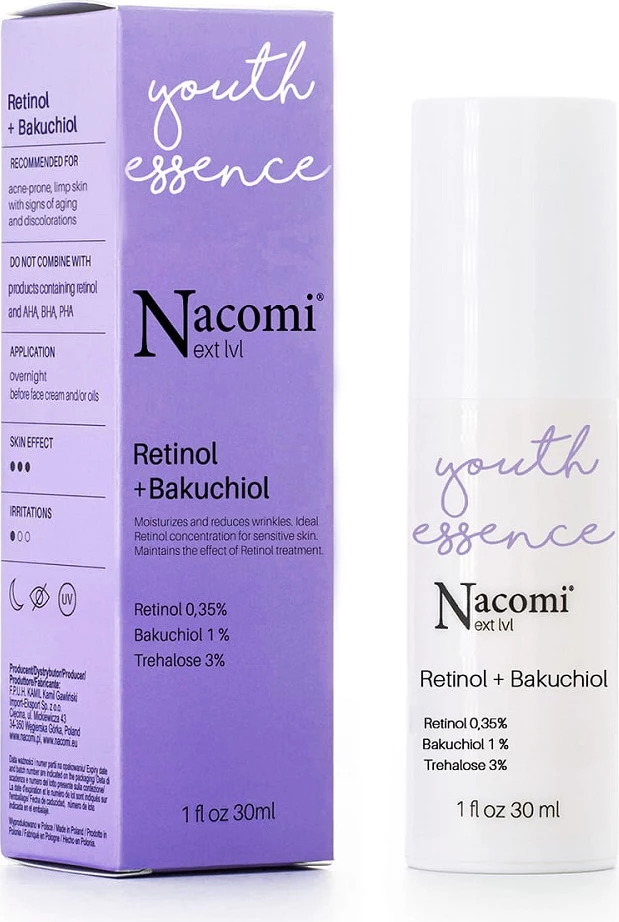 Serum fytyre anti-rrudhë Nacomi Next Level Retinol 0.35% + Bakuchiol 1% për femra, 30ml