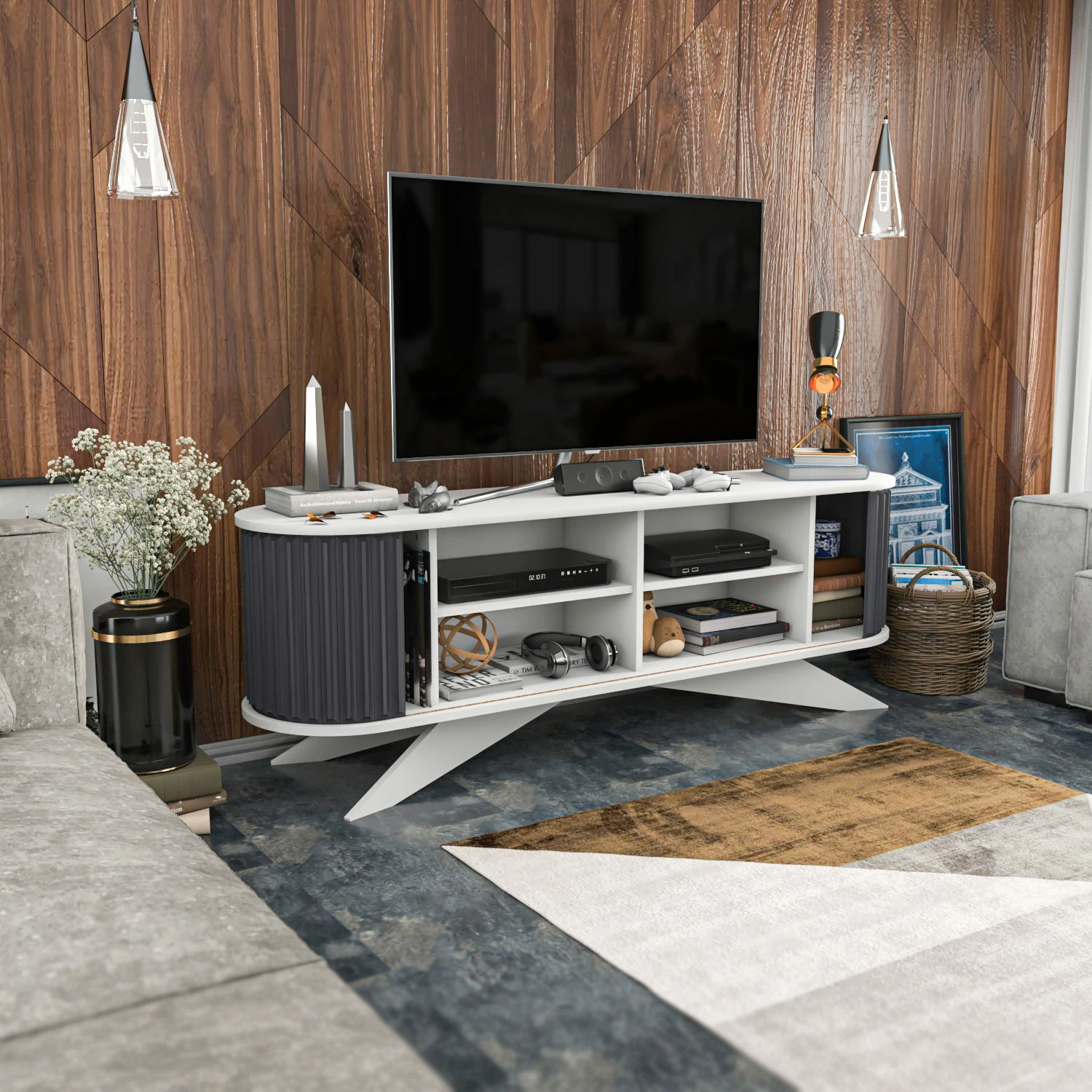 Komodë TV Hanah Home, anthracite dhe e bardhë, Stor