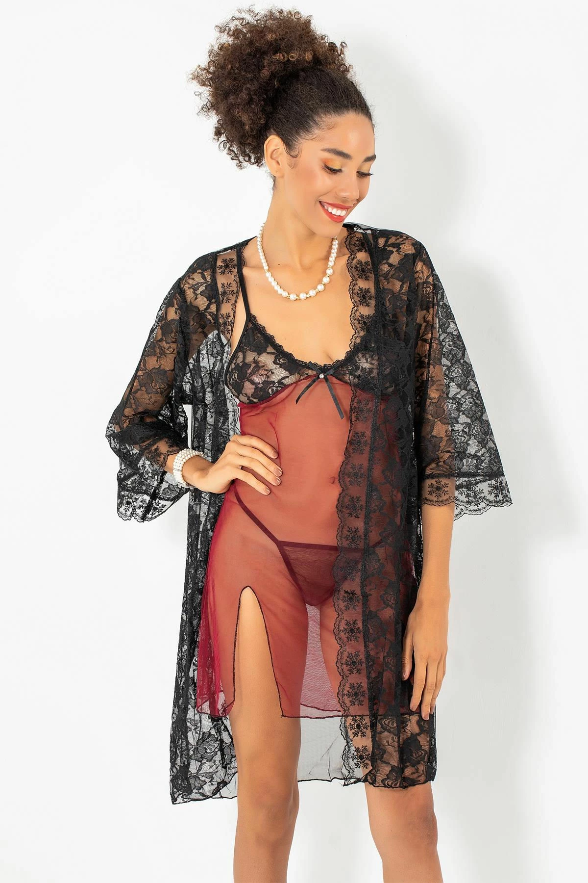 Set fustan nate me mëngjes, ngjyrë e kuqe Claret, Jumeon, 011-008004