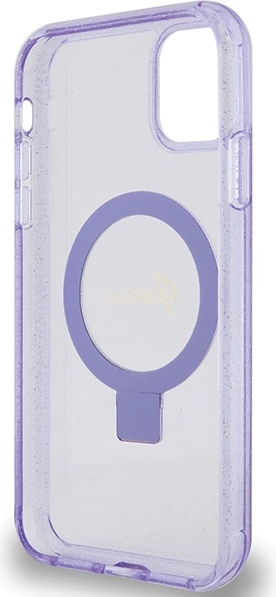 Mbështjellës Guess Ring Stand Script Glitter MagSafe për iPhone 11/XR, vjollcë