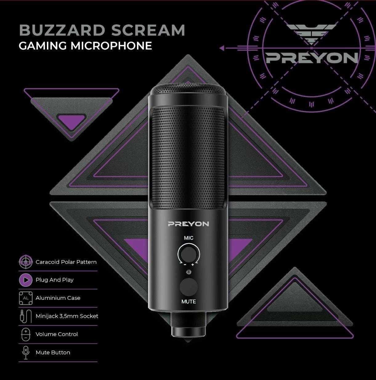 Mikrofon PREYON Buzzard Scream PBS43B, USB-C/3.5mm, kardioid, me stand dhe pop filter, i zi