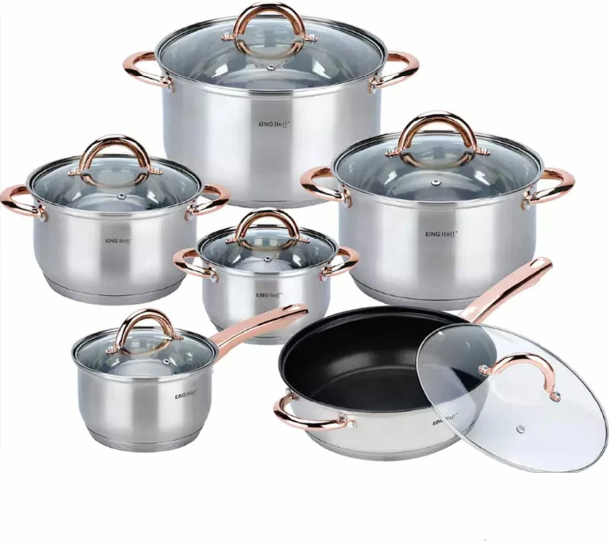 Set tenxheresh dhe tigan inox KingHoff KH 1768, 12 copë, për induksion, kapakë xhami, argjend me aksente rozë-ari