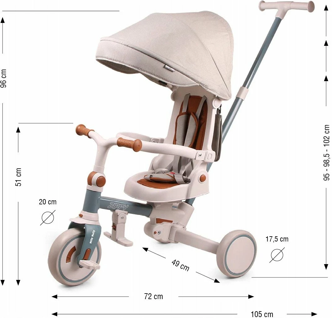 Tricikël fëmijësh Milly Mally Zippy, 12+ muaj, 25 kg max, ulëse rrotulluese 180°, rrota shkumë, kornizë çeliku, me tendë dhe shtytës prindi, Blu