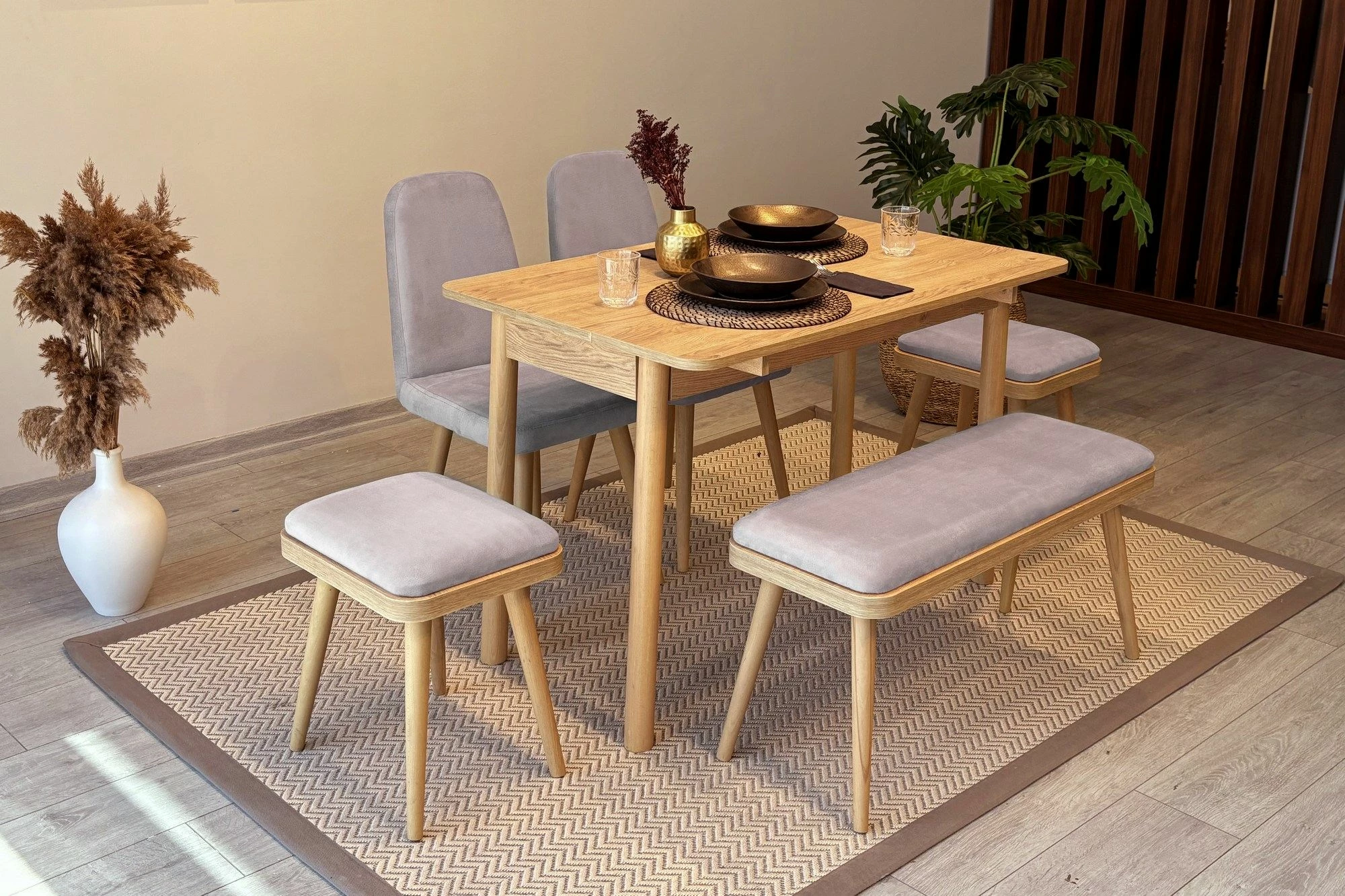 Set tavolinë me karrige për ngrënie, zgjatues, 6 pjesë, Skye Decor, Vina Mini 03 0701, ngjyrë lisi, Soho gri