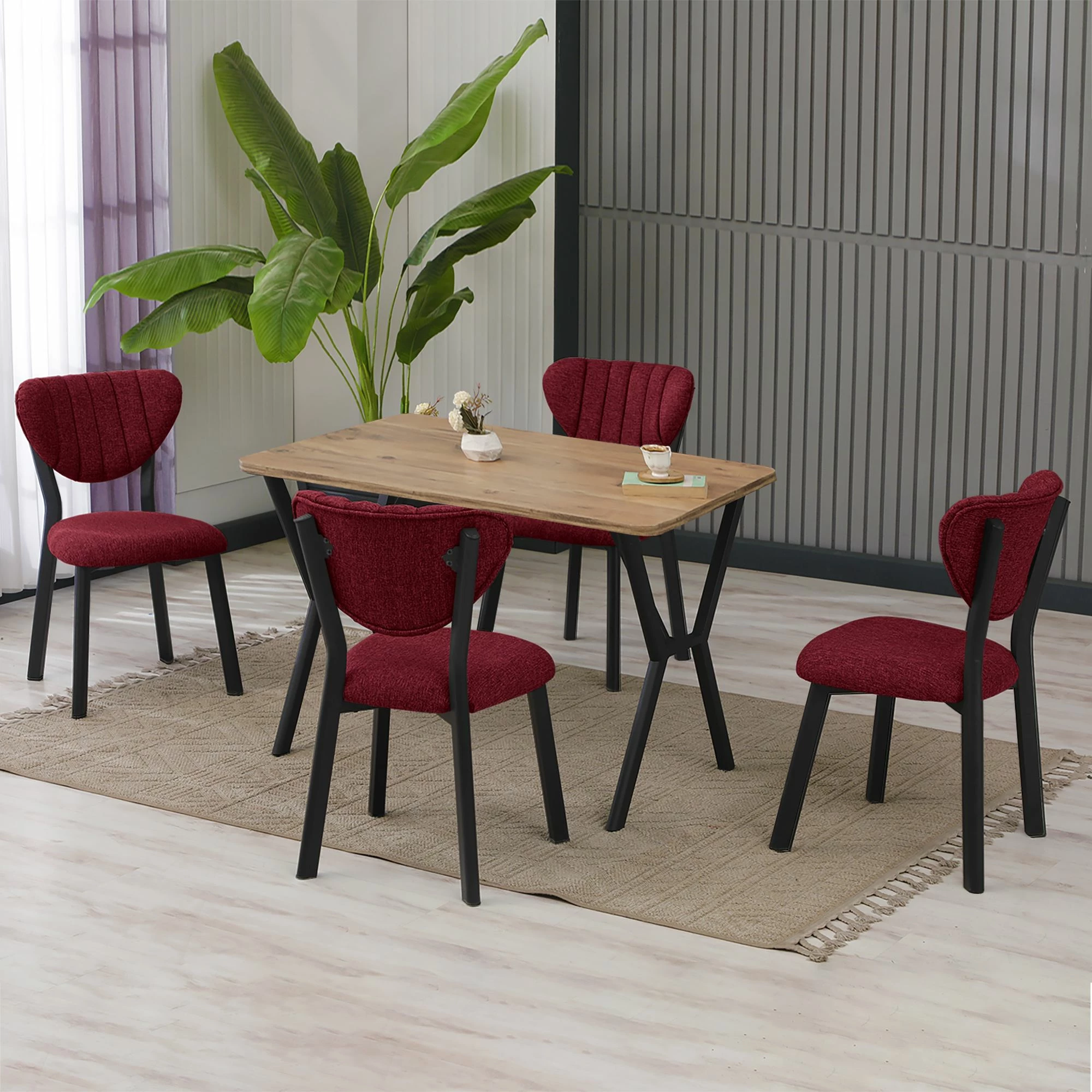 Tavolinë me karrige, zgjatëse, 5 copë, Skye Decor, ngjyrë elma-burgundy, walnut
