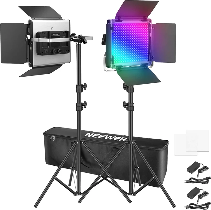 Dritë LED për video Neewer X660 Pro II, intensitet i rregullueshëm, set 2x me tripodë