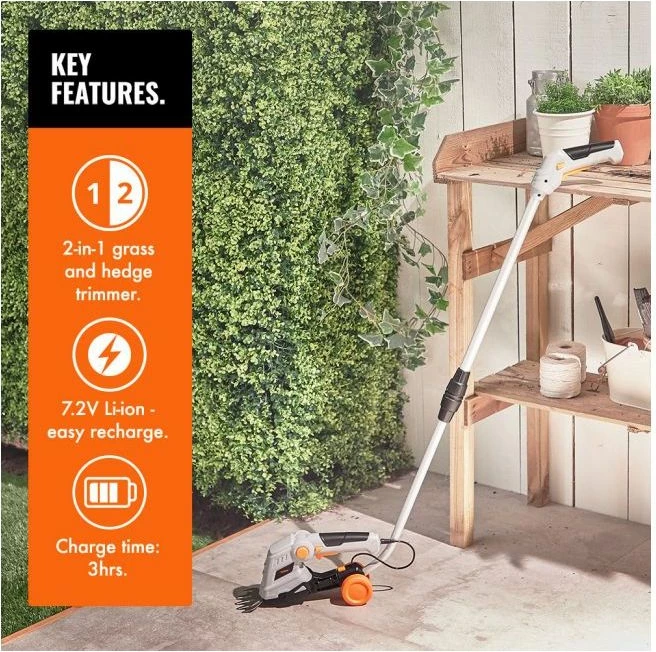 Gërshërë pa kabllo për gardh dhe bar VONHAUS 2500257 2-në-1, teh 170 mm + 90 mm, dorezë teleskopike 85–113 cm, gri/portokalli