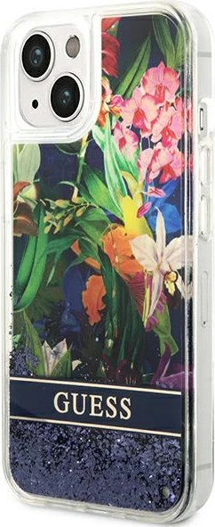 Mbështjellës Guess Flower Liquid Glitter për iPhone 14 Plus 6.7", kaltër