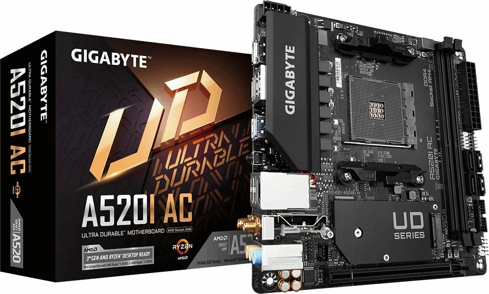 Pllakë amë Gigabyte A520I AC Mini-ITX, DDR4 deri 64GB, Wi‑Fi 5/Bluetooth