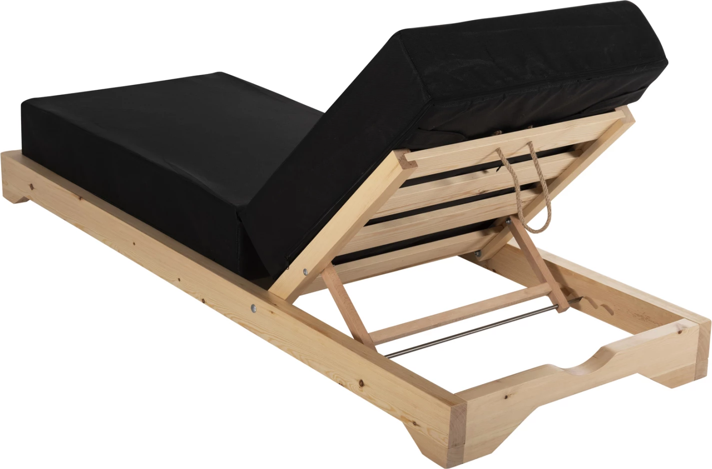 Shezlong plazhi i ulët IKARIA, dru pishe, ngjyrë natyrale, tekstilene e zezë, jastëk 20 cm i trashë