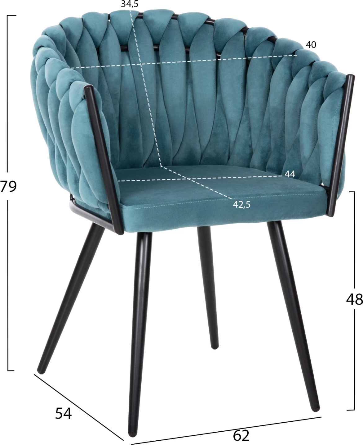 Karrige LUANDA FH8741.05 kadife ngjyrë tyrkiz-me këmbë metalike të zeza 62x54x79Hcm., set prej 2 copë