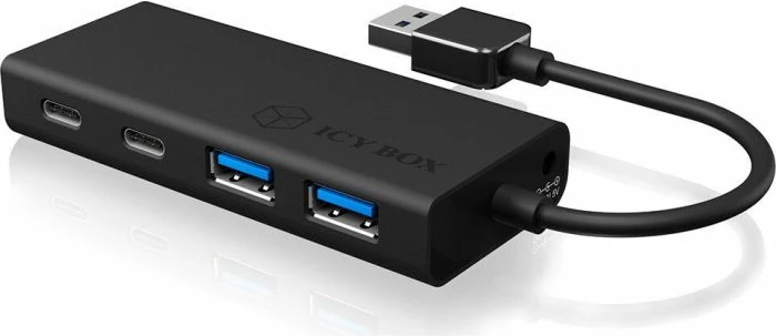 USB hub ICYBOX IB-HUB1426-U3 4-port (2x USB-C + 2x USB-A), USB 3.2 Gen 1 5 Gb/s, kabllo e integrume 10 cm, i zi