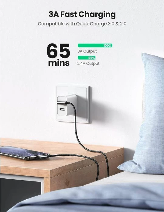 Kabllo USB-A në USB-C UGREEN 20856, 90° right-angle, fast charging 18W, 480Mbps, 1m, e zezë/argjend