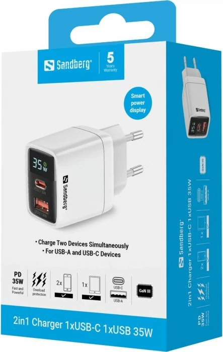 Karikues SANDBERG 2n1 441-52, 35W PD/QC3.0, 1xUSB-C + 1xUSB-A, GaN III, me ekran, i bardhë