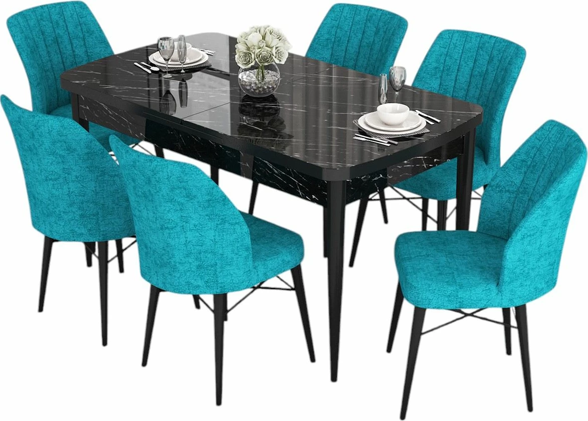 Set tavolinë me karrige, i zgjatshëm, ngjyrë mermeri të zi, karrige turquoise, Skye Decor, 7 copë