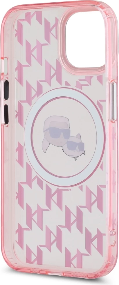 Mbështjellës Karl Lagerfeld IML Monogram Karl & Choupette Head MagSafe për iPhone 15 Plus, Rozë