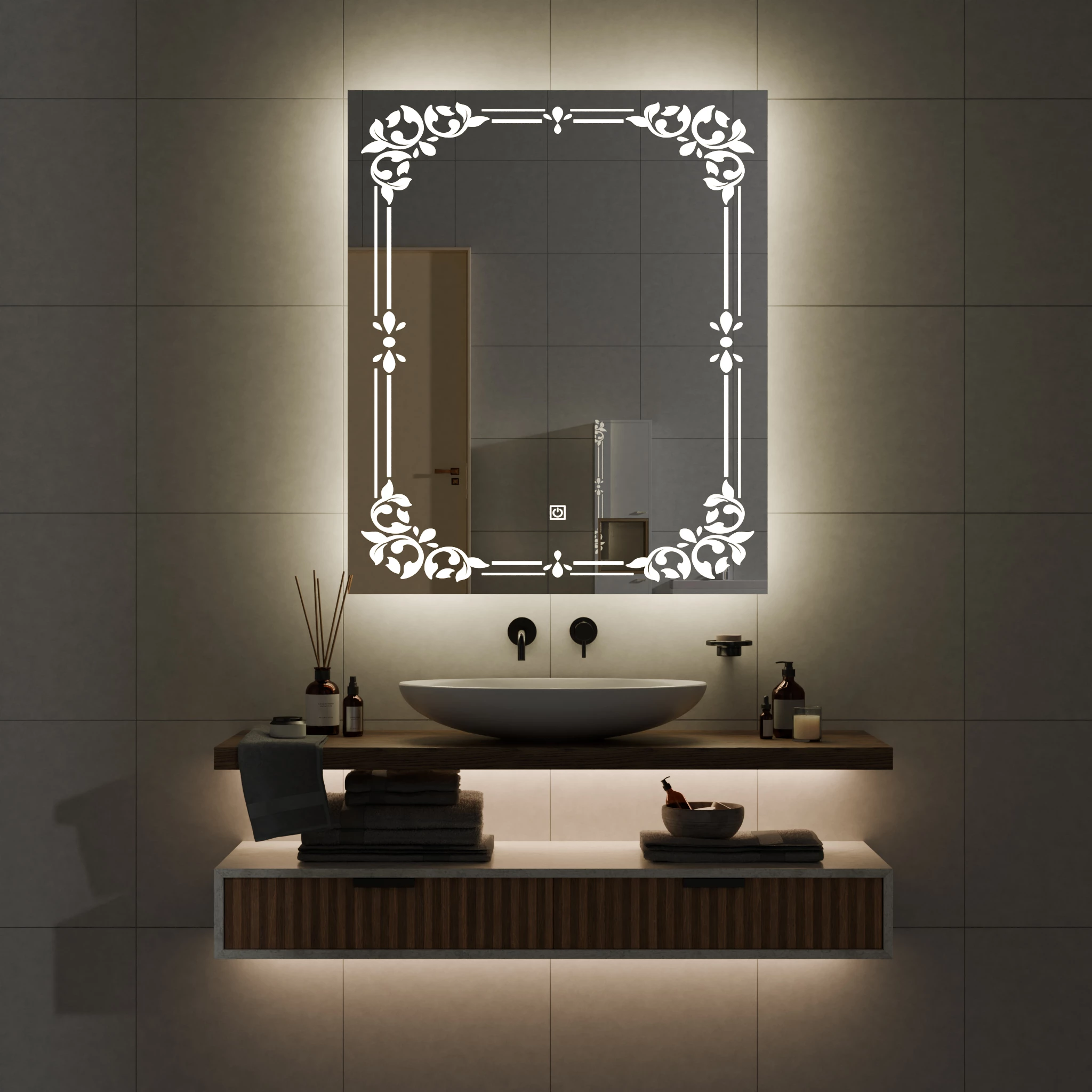 Pasqyre per banjo me LED , Pasqyre me ndriqim Modeli Ornamental O4