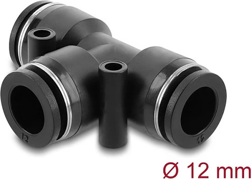 Konektor pneumatik DeLOCK T-formë, Ø12 mm, me 2 vrima montimi, fije femër, 10 bar, i zi