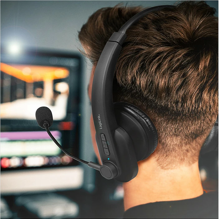 Kufje Bluetooth LogiLink BT0060, wireless, me mikrofon boom, për call center, të zeza
