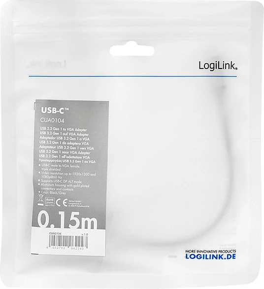 Adapter USB-C në VGA LogiLink, 1080p 60Hz, kabllo 0.15m, alumin, zi/gri