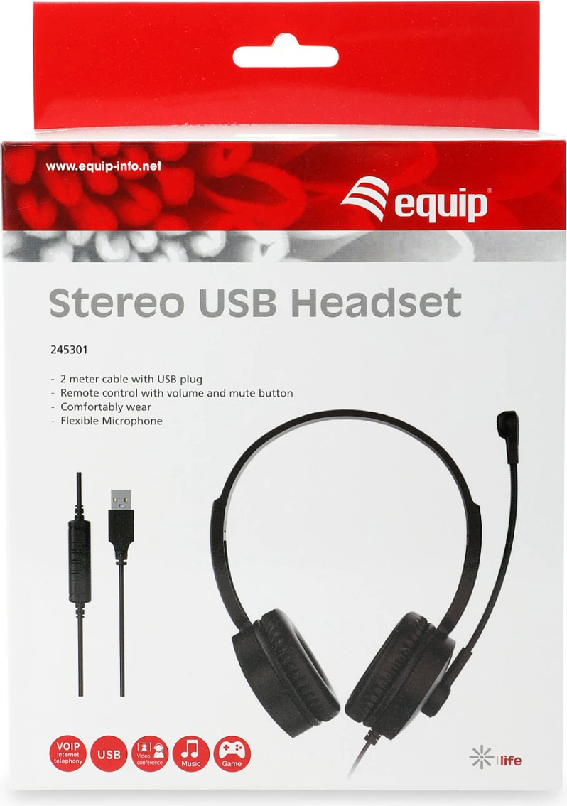 Kufje EQUIP Stereo Headset, USB-A, kabllo 2 m, me mikrofon, të zeza