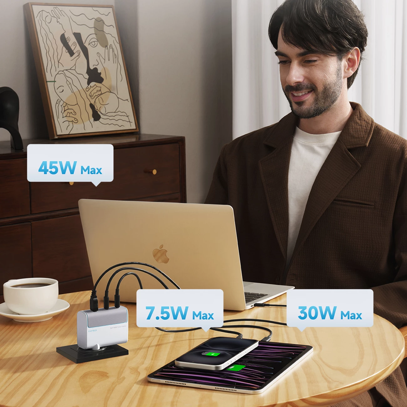 Karikues muri Cuktech AD1003EU 100W GaN, 2x USB-C + USB-A, me kabllo USB-C në USB-C, i bardhë