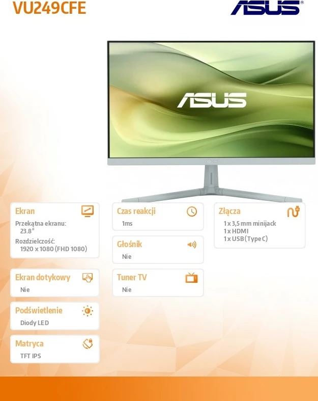 Monitor Asus VU249CFE-G 23.8 inç, IPS, 100Hz, USB-C, Gjelbër