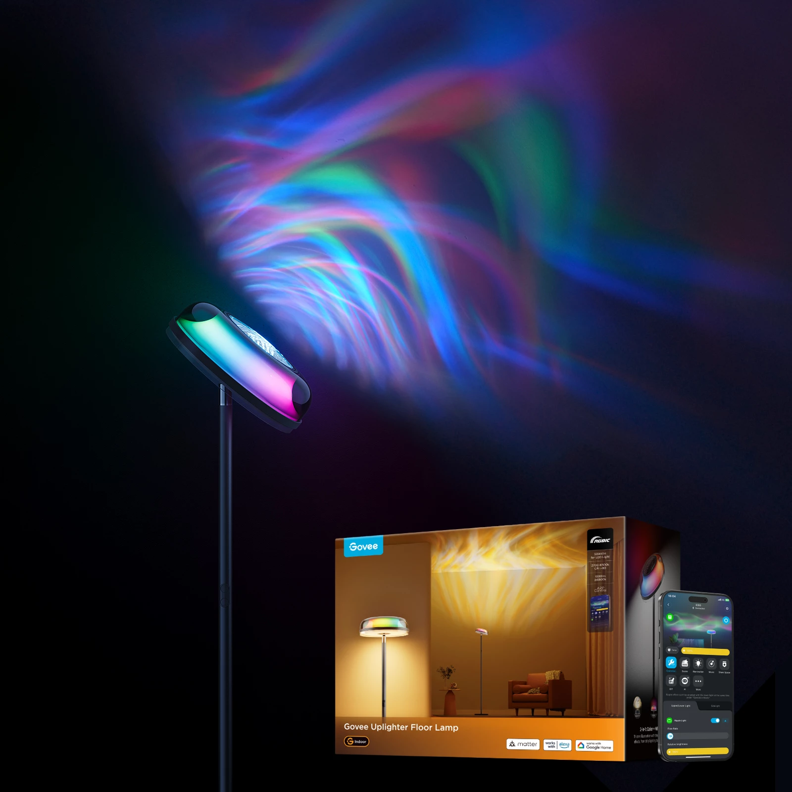Llambë dyshemeje Govee Uplighter Floor Lamp, 3 zona drite, smart (Alexa/Google Assistant/Matter)