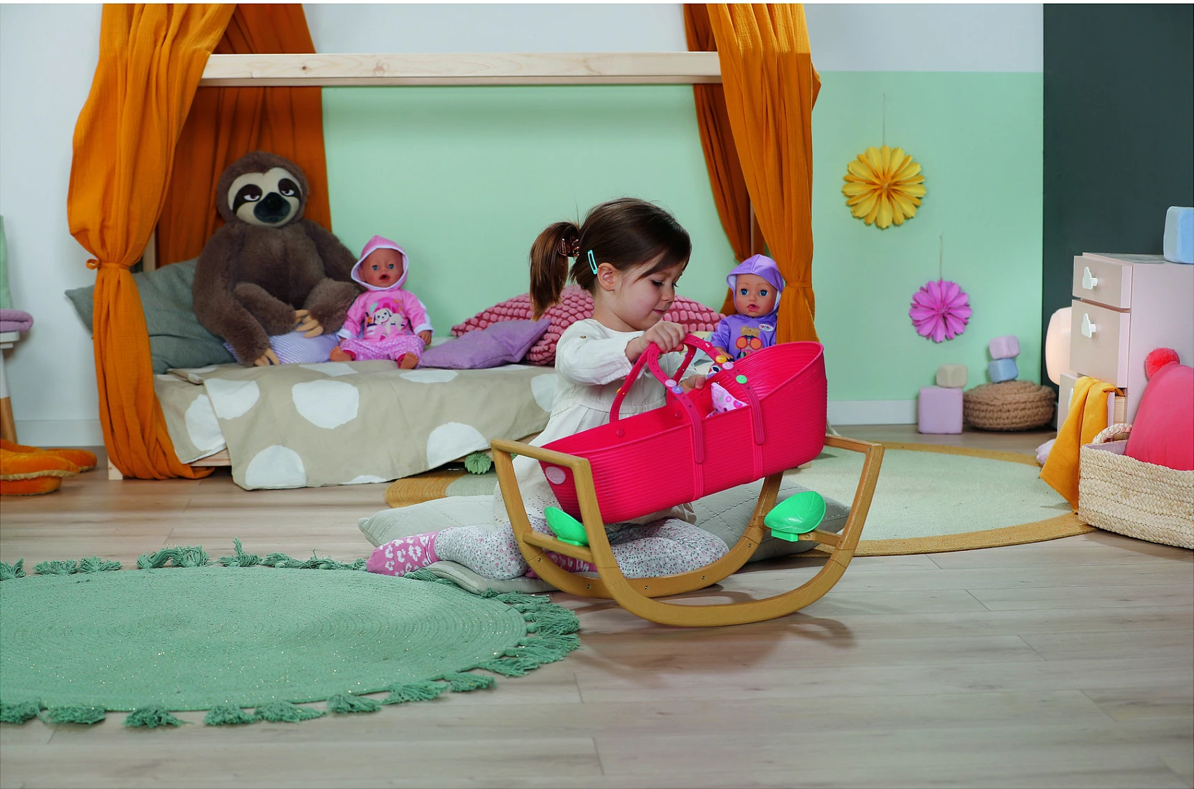 Krevat për kukulla Zapf Creation BABY born Pinplay Bassinet 3 në 1, me lëkundje, shumëngjyrësh