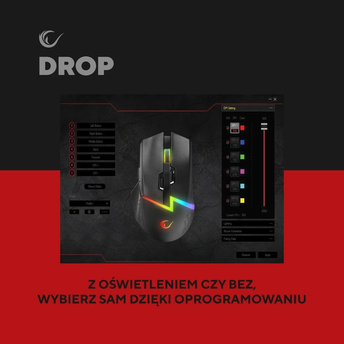 Maus Rampage DROP M3 RGB 1000Hz, i zi