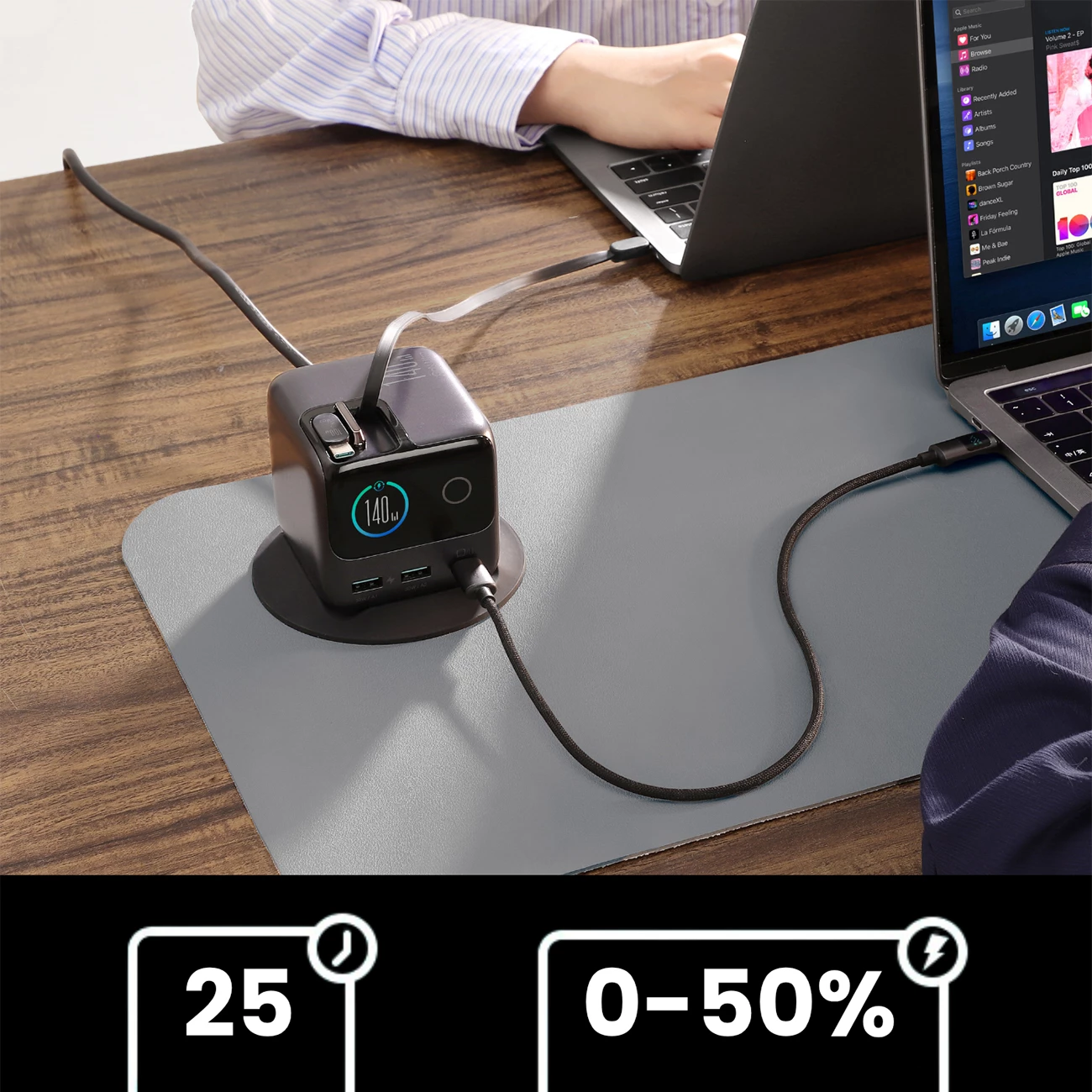 Karikues tavoline GaN, Joyroom Podix JR-TRD01, 140W, 5 porta me dy kabllo USB-C tërheqëse, gri