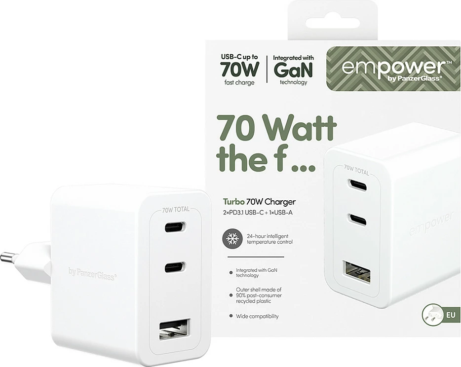 Karikues PanzerGlass empower Turbo 70W, 2x USB-C + USB-A, prizë EU, bardhë