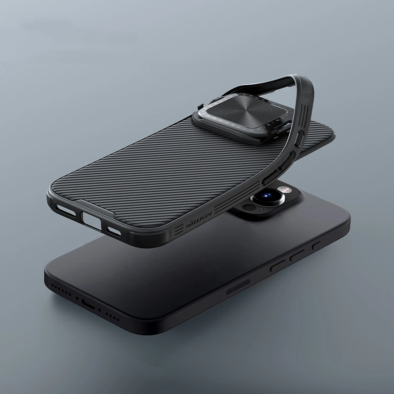 Mbështjellës Nillkin CamShield Prop Case për iPhone 16 Pro, me mbulesë kamere dhe mbajtëse, i zi