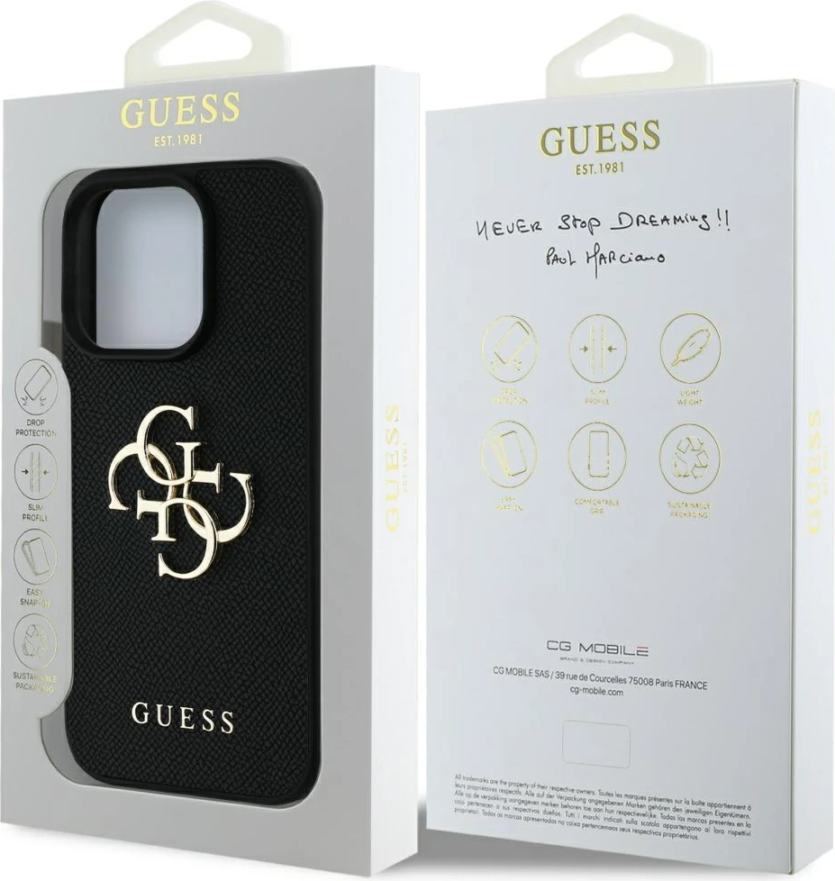 Mbështjellës Guess Grained Big 4G Logo Small Classic Logo për iPhone 16 Pro, i zi