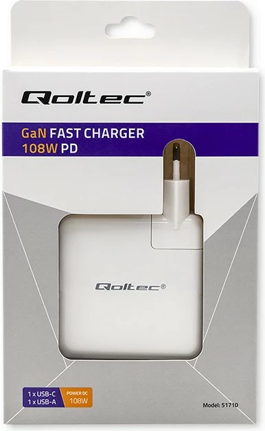 Karikues murit Qoltec GaN FAST 108W, 2 dalje USB/USB-C, i bardhë