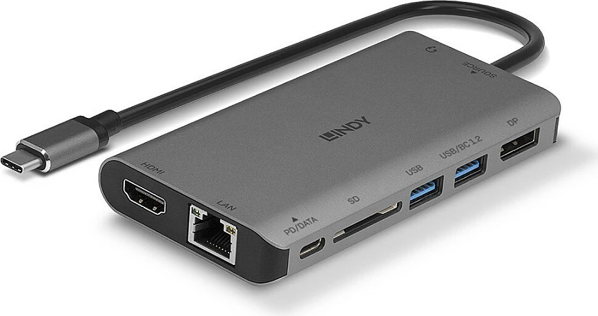Mini docking stacion USB-C Lindy DST-Mini XT, 4K, 100W PD, Gigabit LAN, SD, HDMI/DP, zi/gri