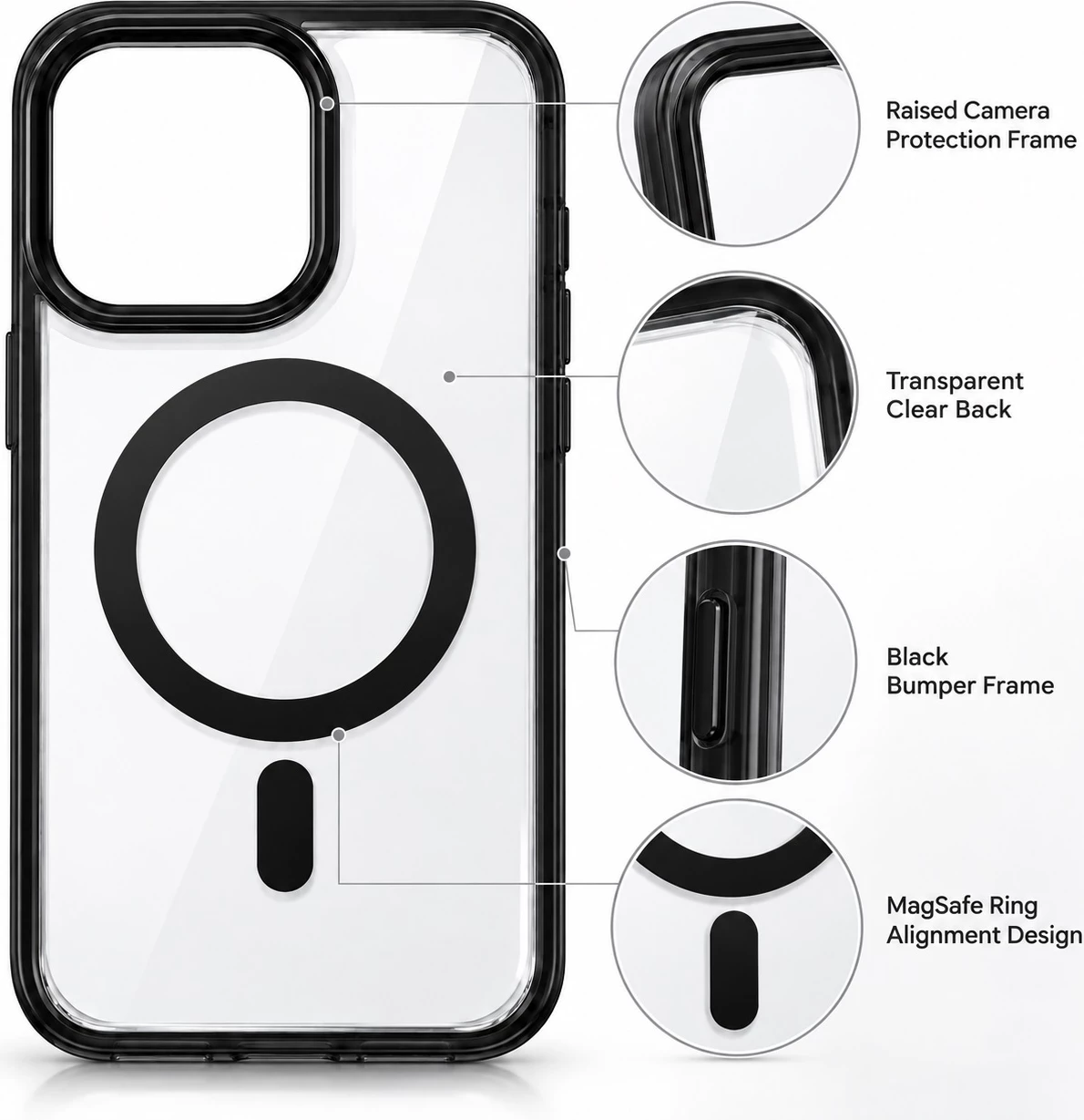 Mbrojtëse për iPhone 15 Pro Max me Unazë MagSafe – Transparente me Kornizë të Zezë