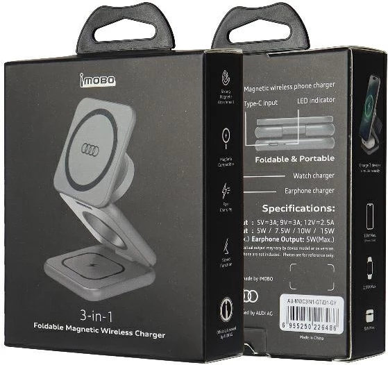 Karikues magnetik 3-në-1 Audi, palosshëm, USB-C, 15W, metalik, gri