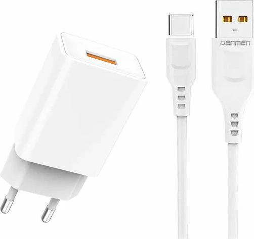 Karikues muri Denmen DC01 12W 2.4A, 1x USB-A + kabllo USB-C, i bardhë (set)