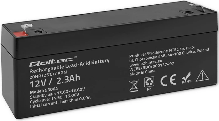 Bateri AGM Qoltec 53064, 12V, 2.3Ah, e zezë